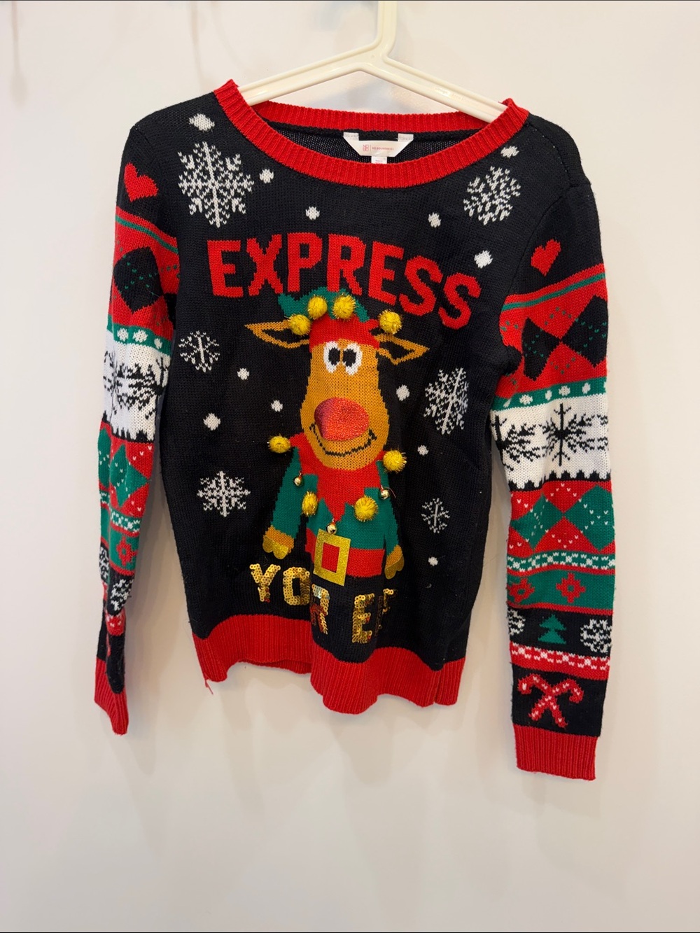 No Boundaries Black Red Green Holiday Reindeer Sweater